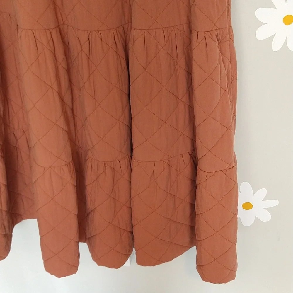 Madewell Quilted Aidy Square-Neck Puffed Sleeve Tiered Midi Dress Warm Umber - Picture 11 of 16